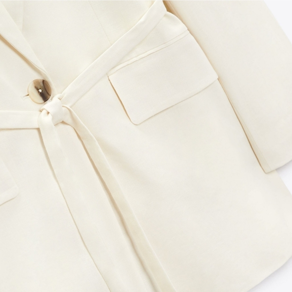 Zara Ecru Linen Blend Belted One Button Blazer - Picture 6 of 16